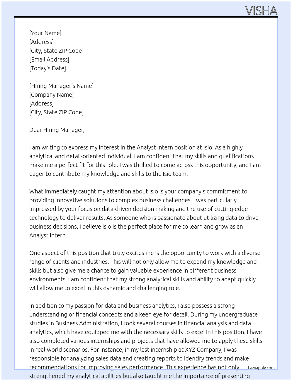 Analyst Intern At Isio Cover Letter