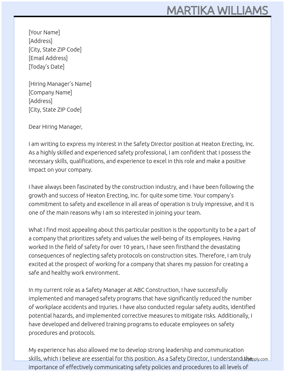Cover letter for safety director - LazyApply