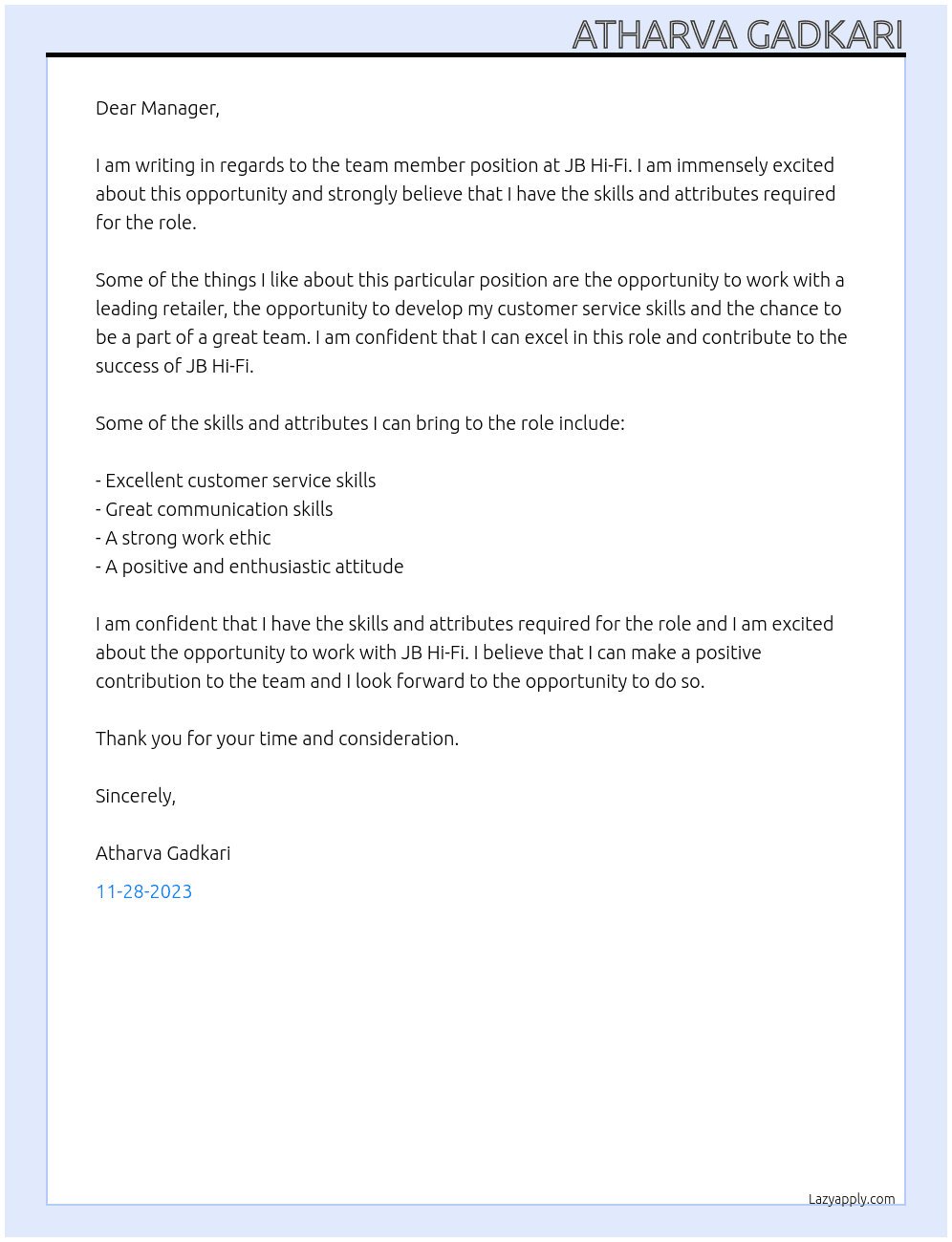Team Member At JB Hi-Fi Cover Letter