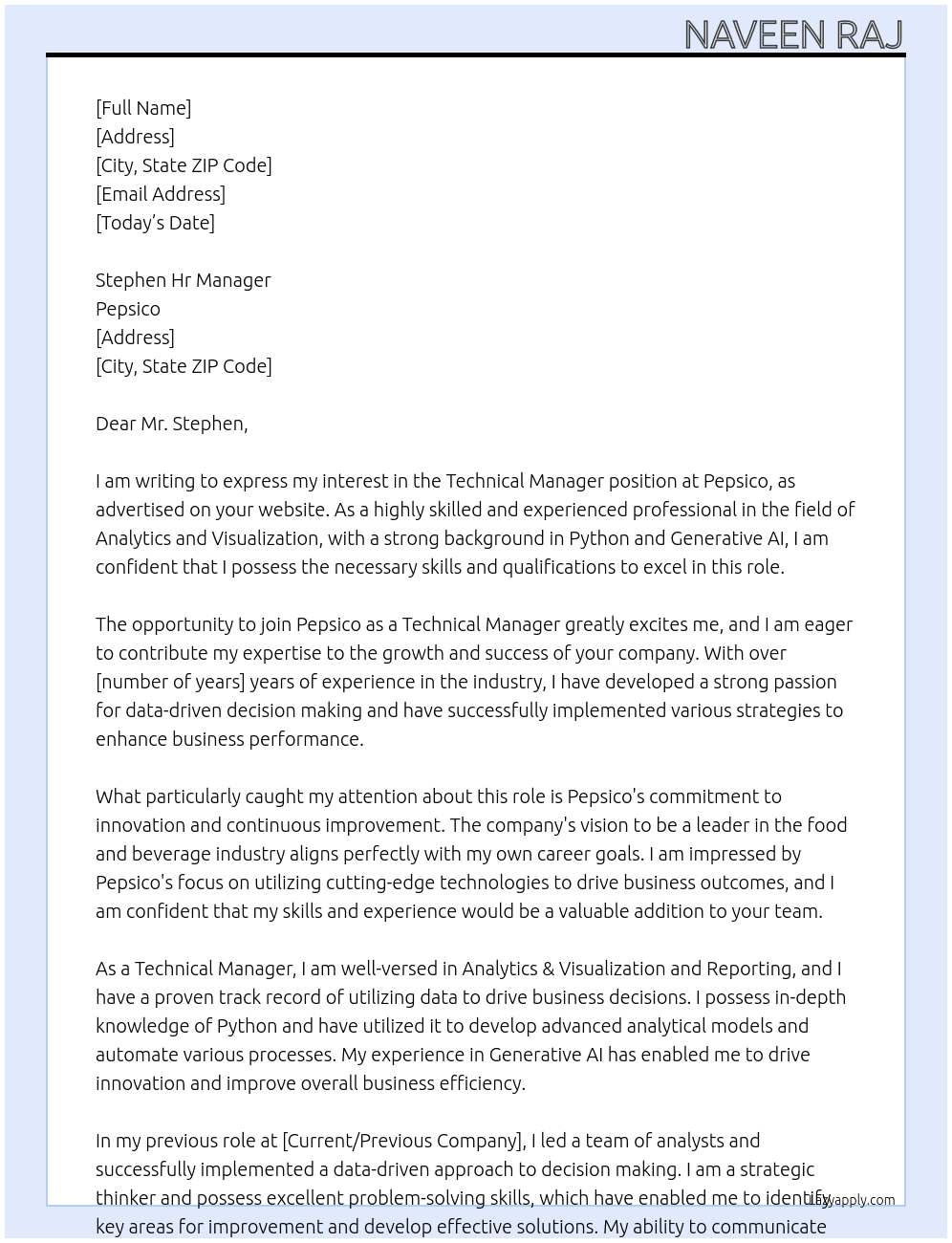 Technical Manager At Pepsico Cover Letter