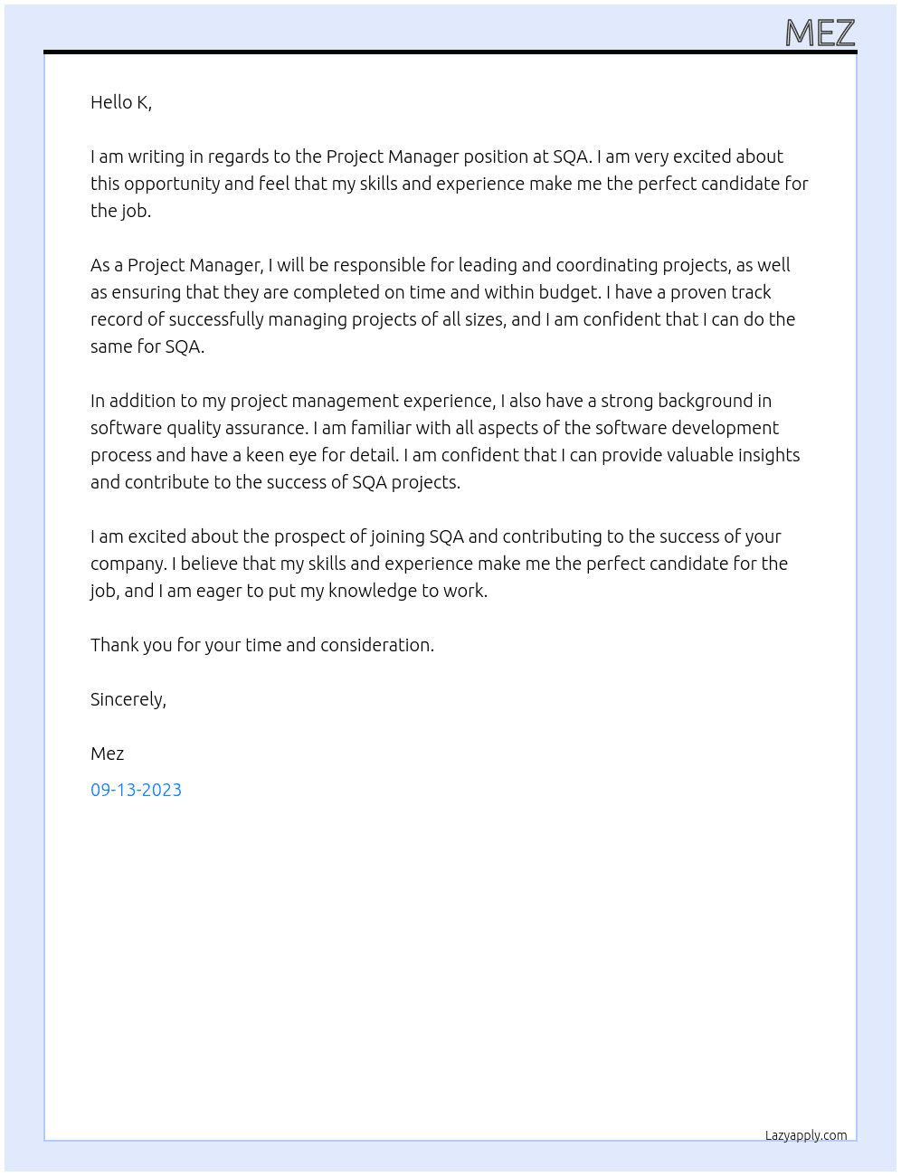 project manager At sqa Cover Letter