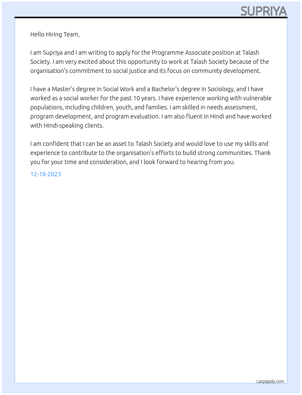 Programme Associate At Talash Society Cover Letter