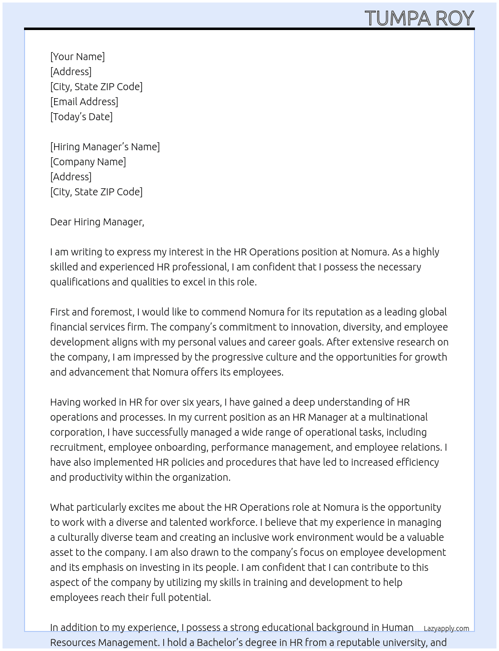 Hr Operations At Nomura Cover Letter
