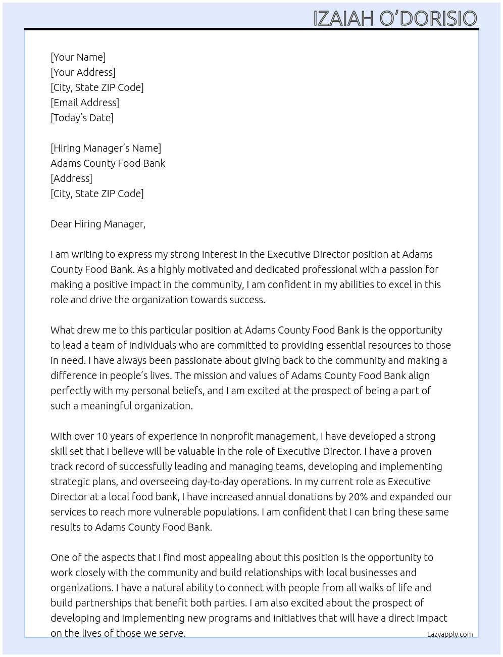 Executive Director At Adams County Food Bank Cover Letter