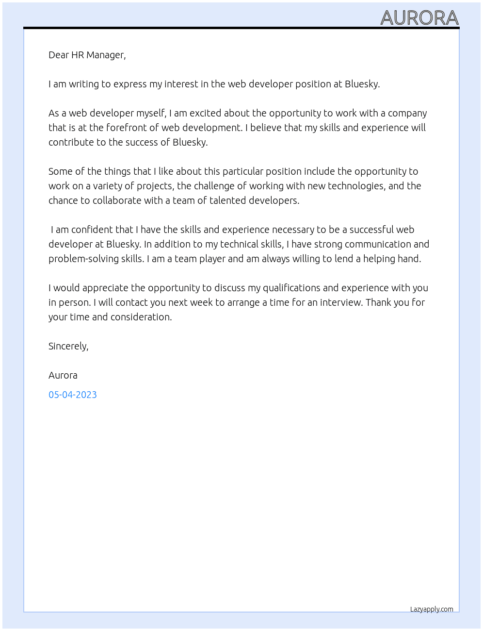 Web developer At Bluesky Cover Letter