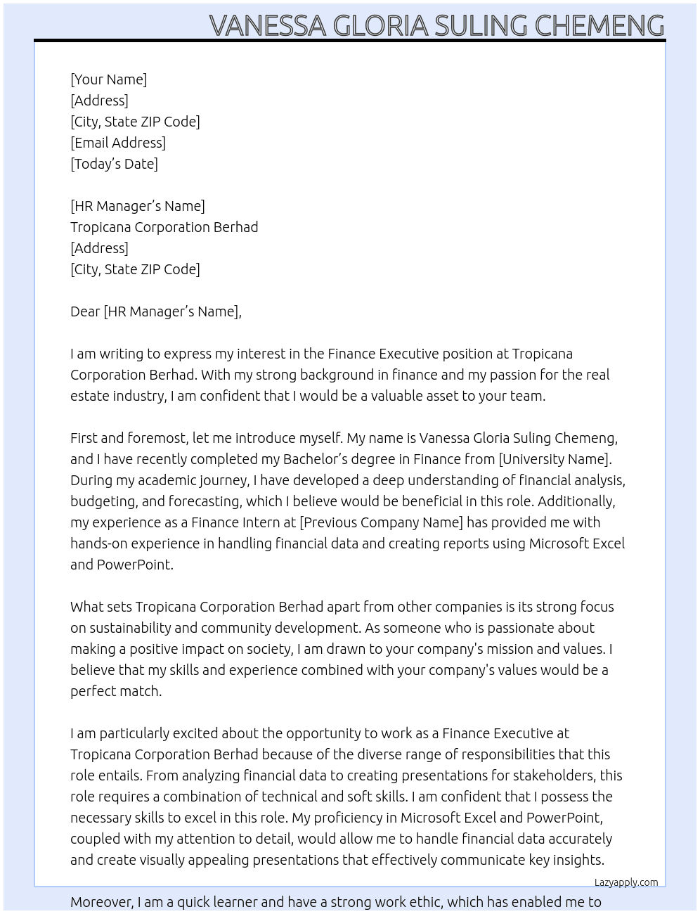 Finance Executive At Tropicana Corporation Berhad Cover Letter
