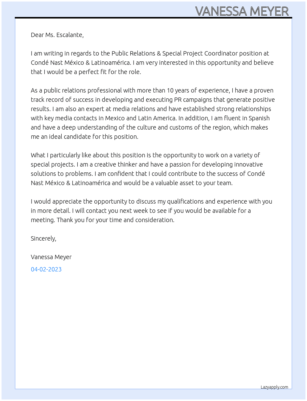 Public Relations & Special Project Coordinator At Condé Nast México & Latinoamérica Cover Letter