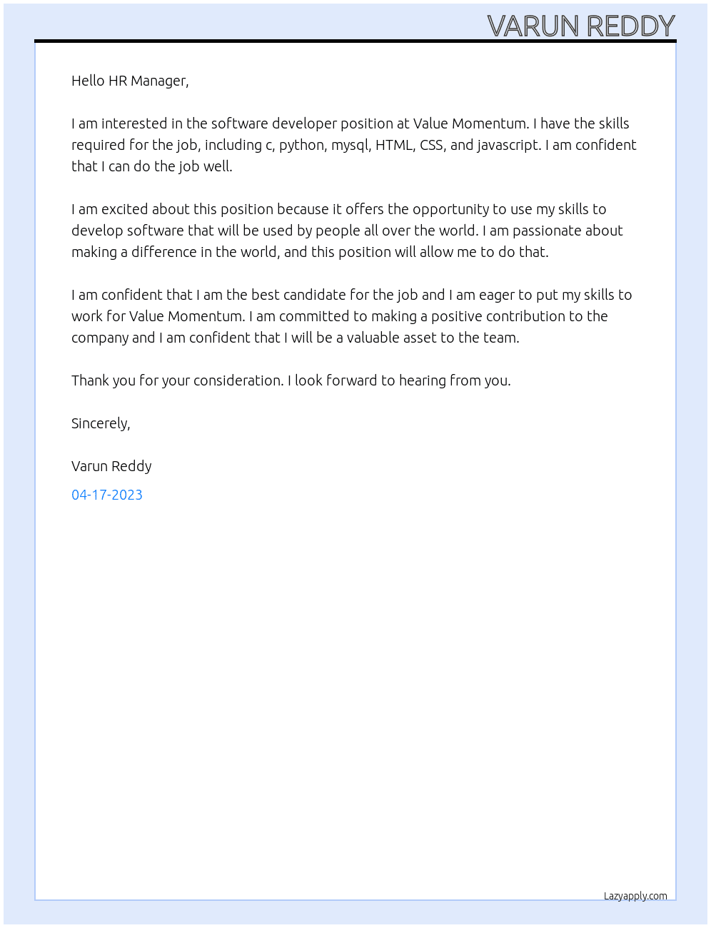 software developer At Value Momentunm Cover Letter