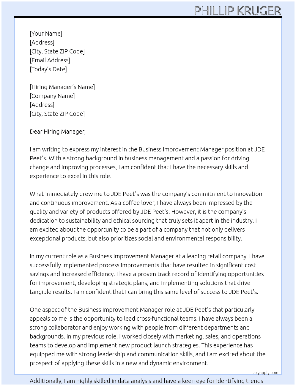 Business Improvement Manager At JDE Peet's Cover Letter