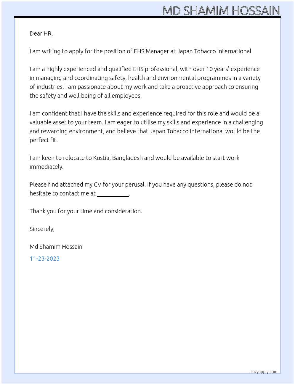 EHS Manager At Japan Tobacco International  Cover Letter