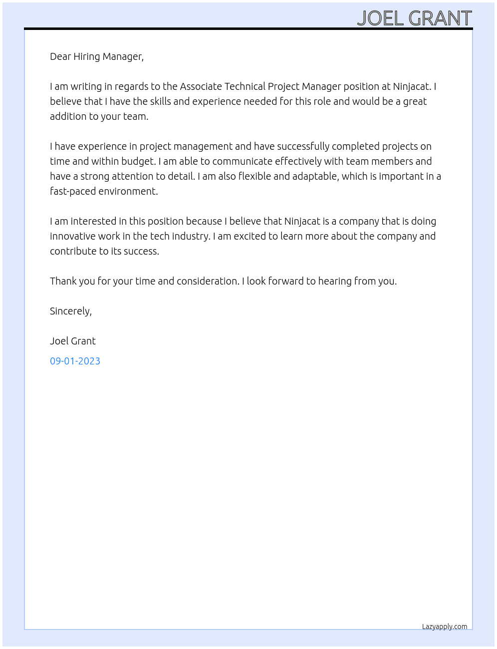 Associate Technical Project Manager At Ninjacat Cover Letter