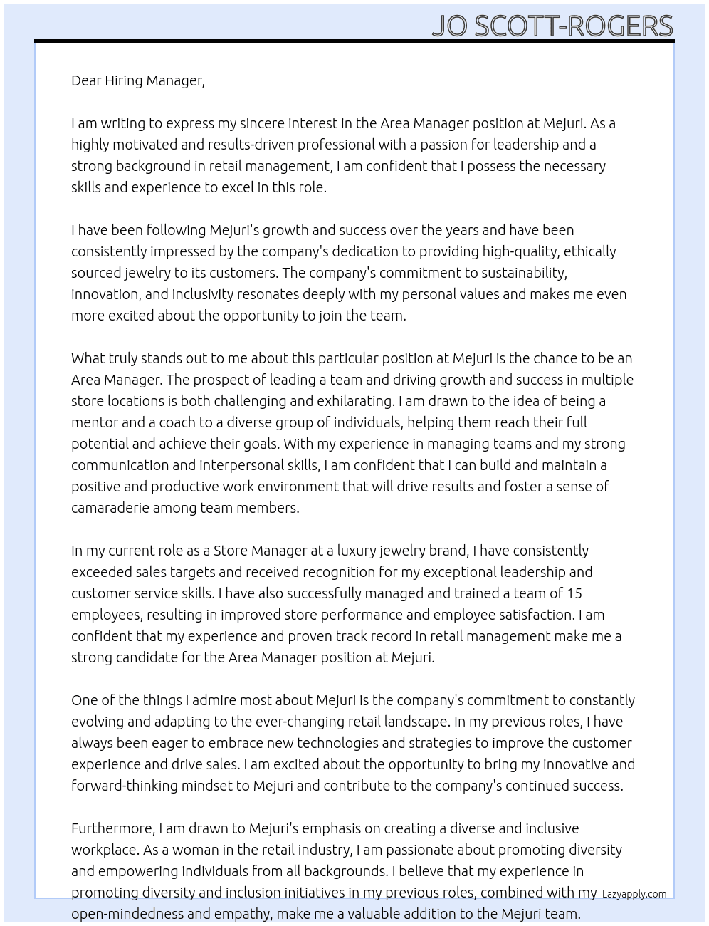 Area Manager At Mejuri Cover Letter