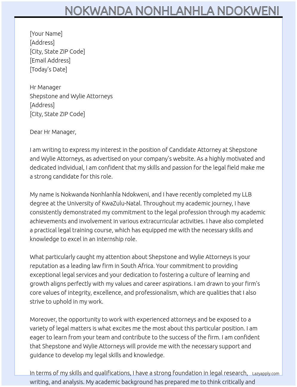 Candidate Attorneys  At Shepstone and Wylie Attorneys  Cover Letter