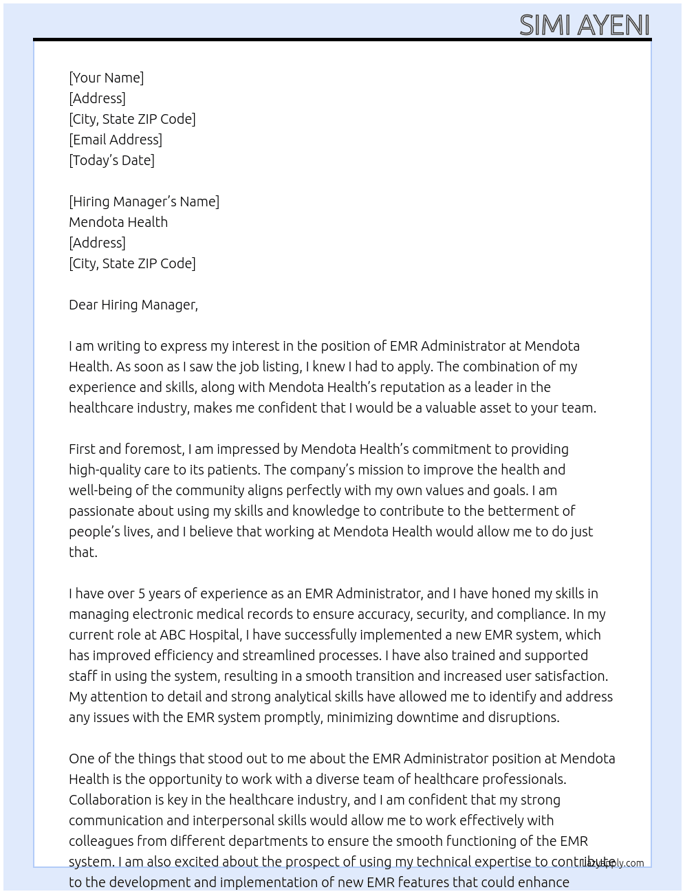 emr administrator At mendota health Cover Letter