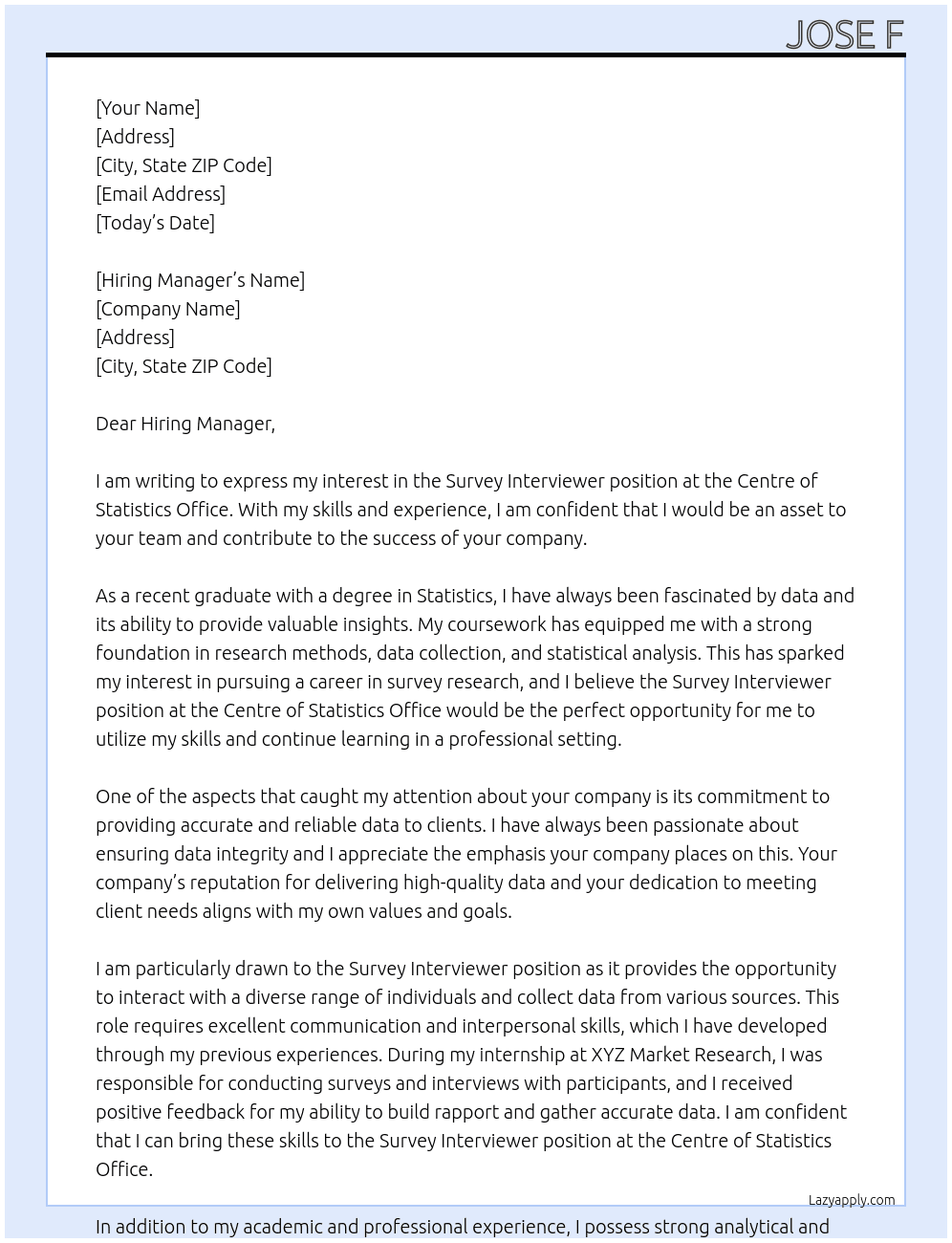 Survey Interviewer At Centre of Statistics Office Cover Letter