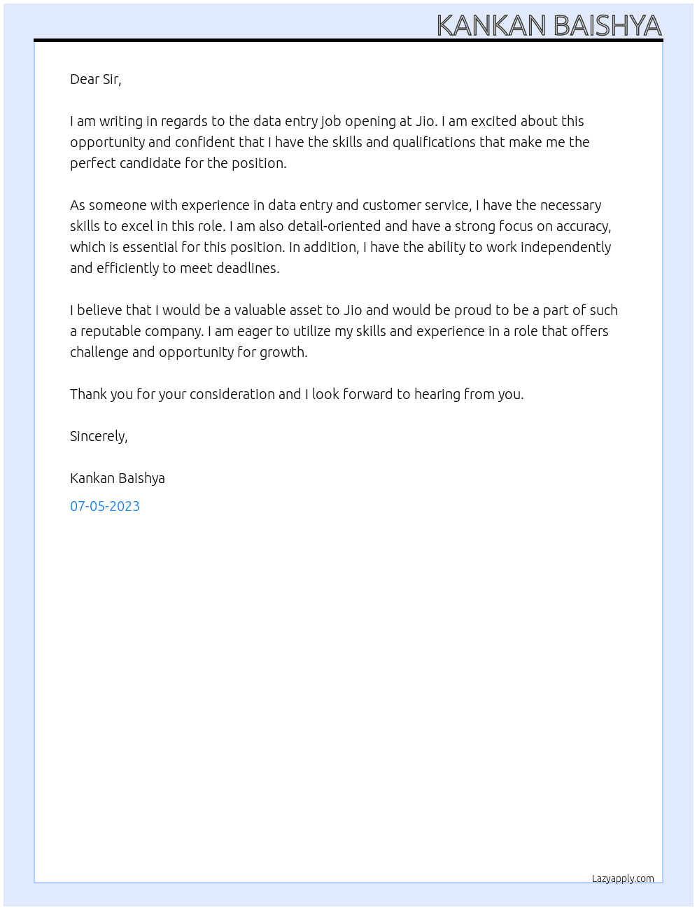 Data entry job At Jio Cover Letter