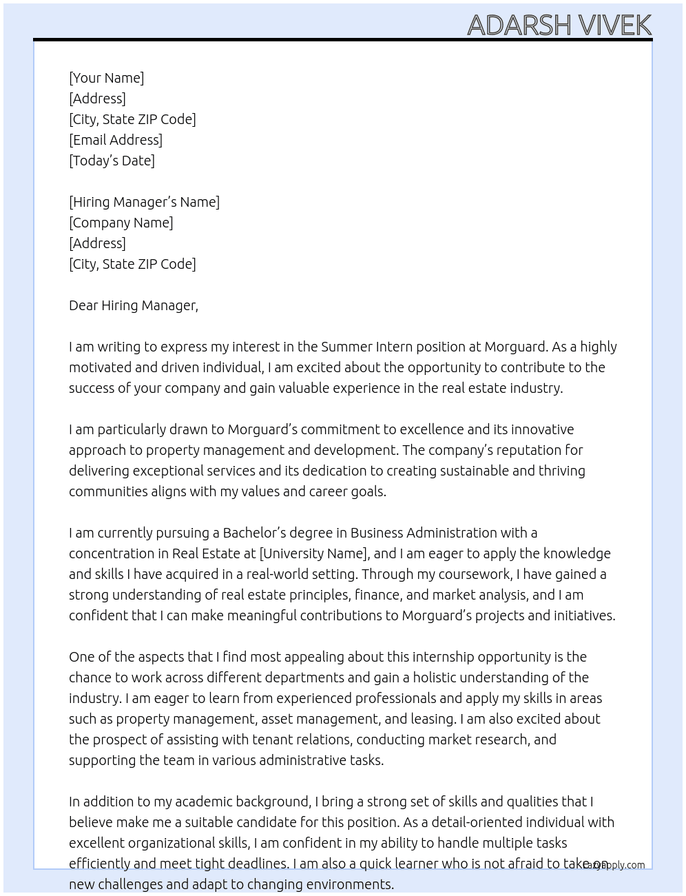 Summer Intern At Morguard Cover Letter