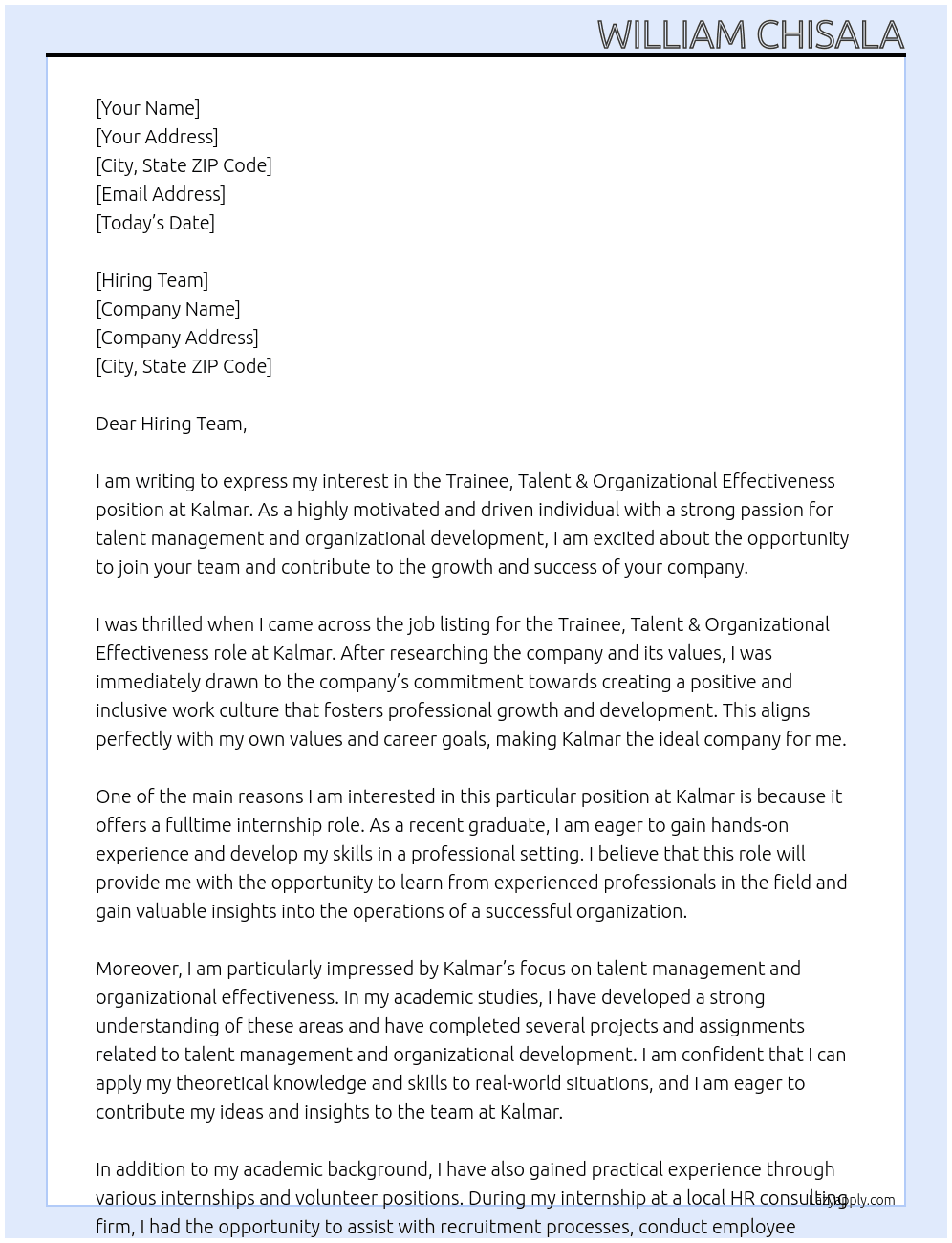 Trainee, Talent & Organizational Effectiveness At Kalmar Cover Letter