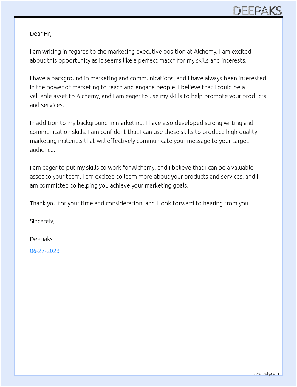 marketing executive At Alchemy Cover Letter