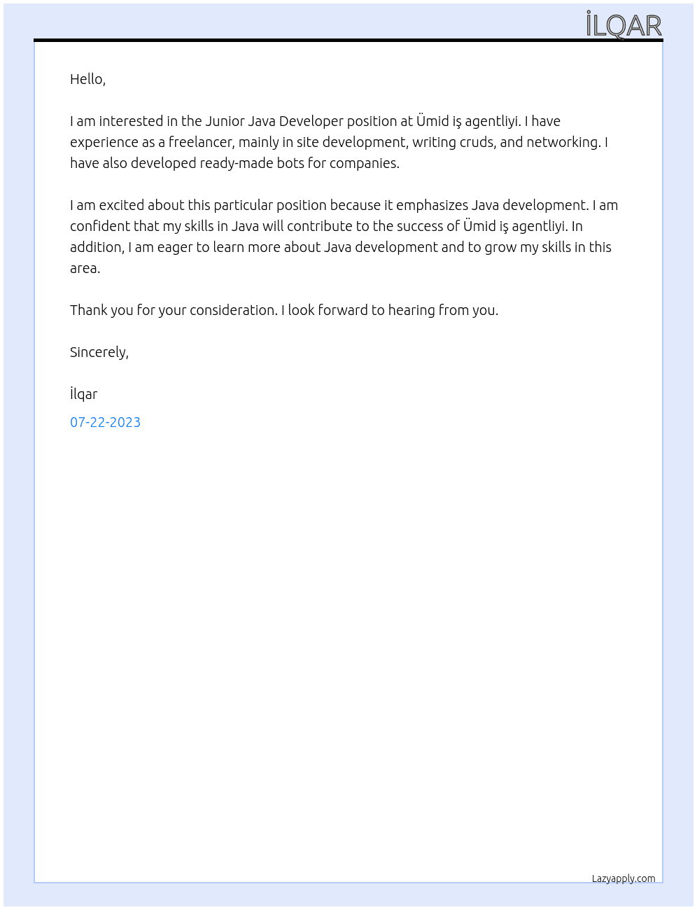 Junior Java Developer At "Ümid" iş agentliyi Cover Letter