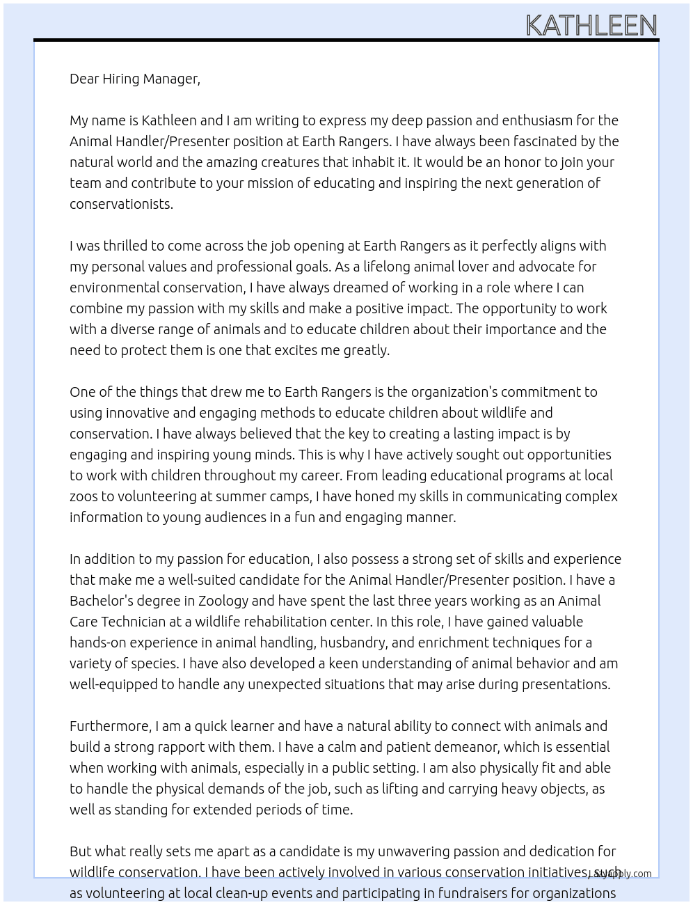 Animal Handler/Presenter  At Earth Rangers Cover Letter