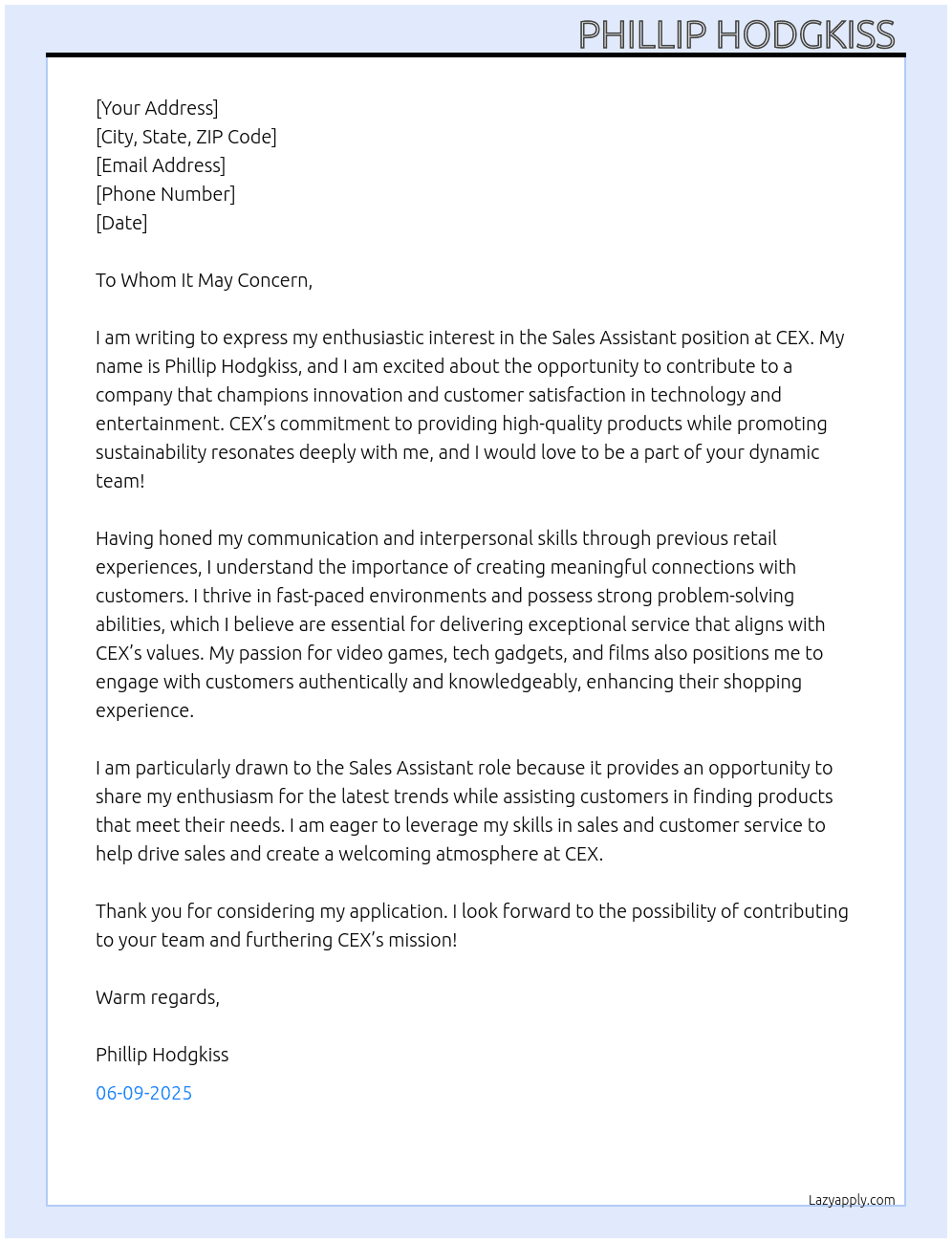 Sales assistant At CEX Cover Letter
