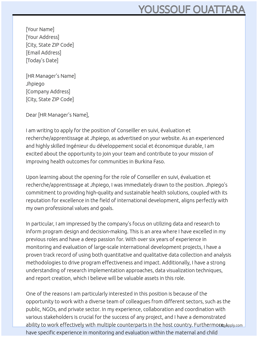 Conseiller en suivi, évaluation et recherche/apprentissage At Jhpiego Cover Letter