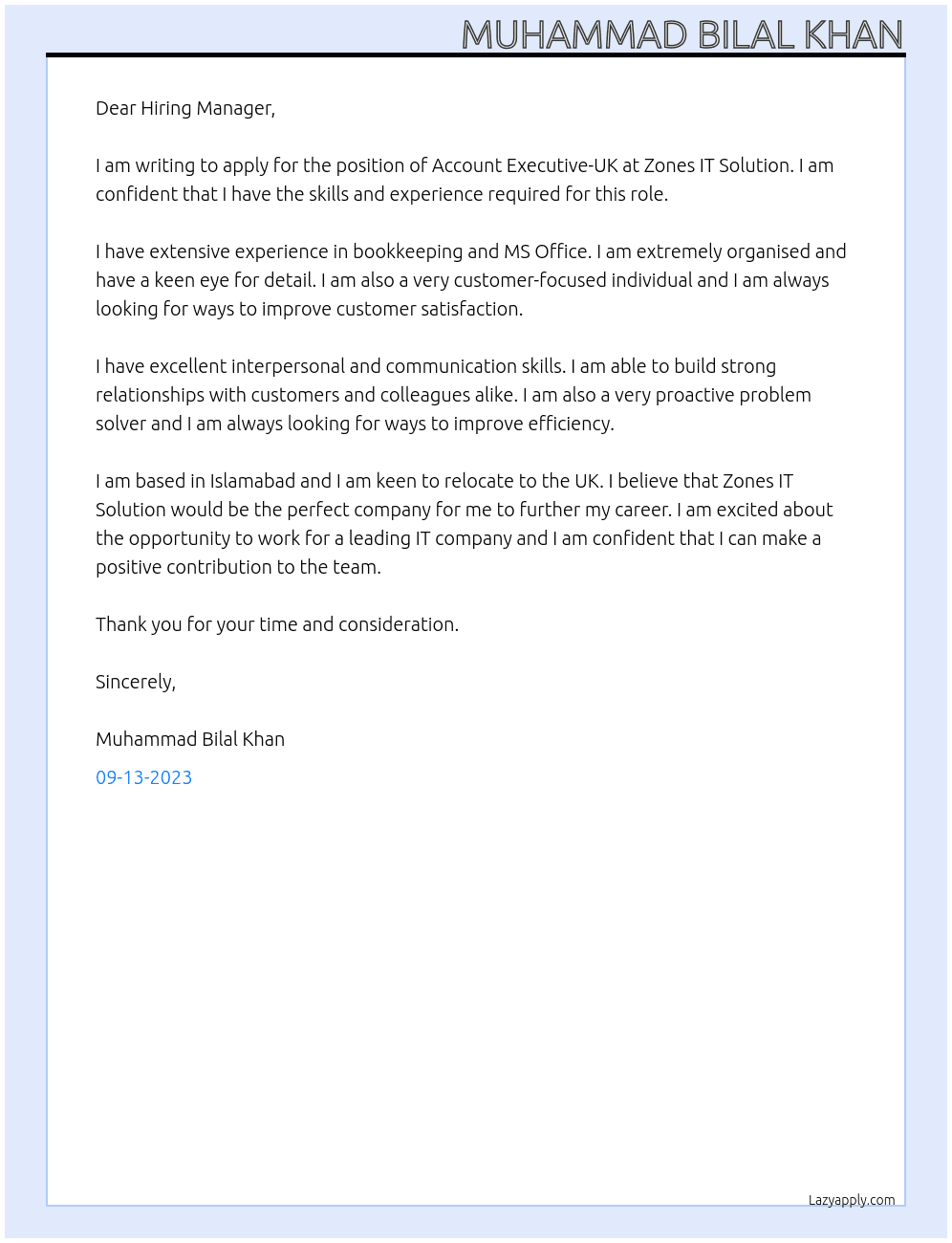 Account Executive-UK At Zones IT Solution Cover Letter