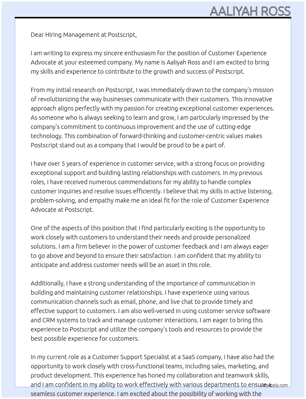 Customer Experience Advocate At Postscript Cover Letter