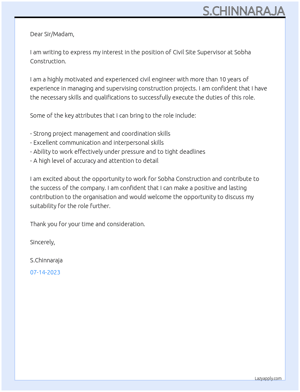Civil site supervisior  At Sobha construction  Cover Letter