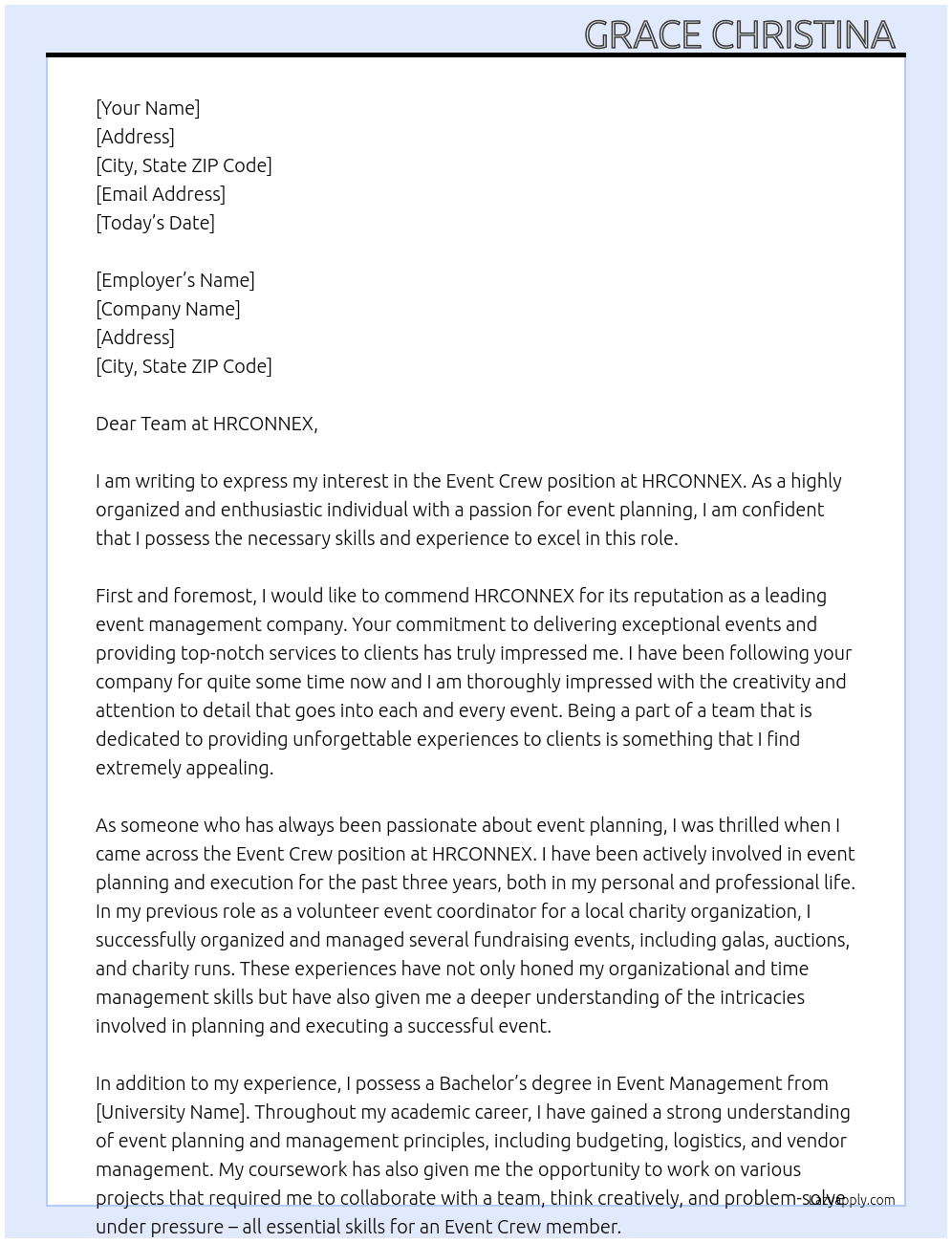 Event crew  At HRCONNEX Cover Letter