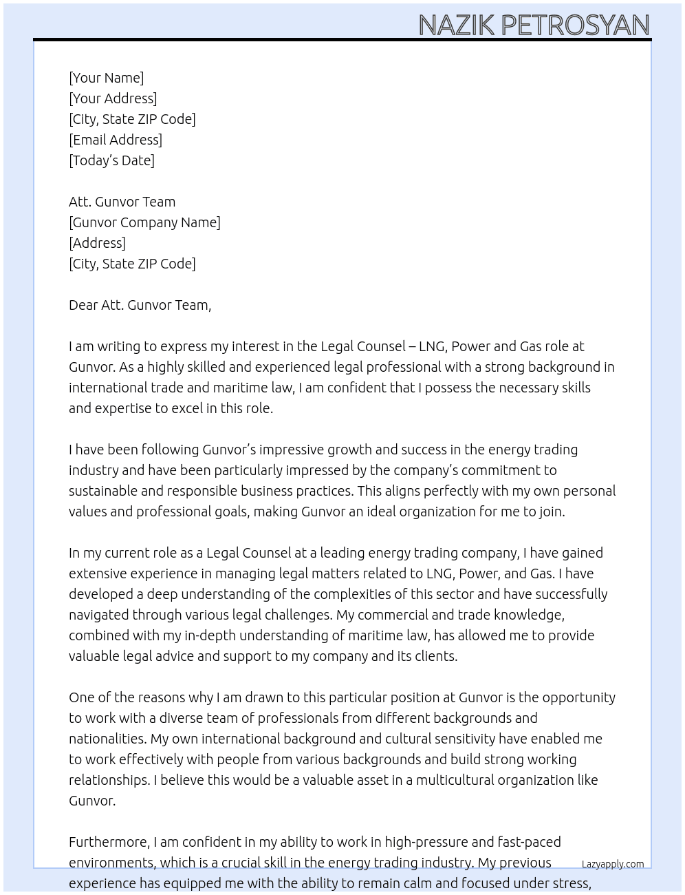 Legal Counsel - LNG, Power and Gas At Gunvor Cover Letter