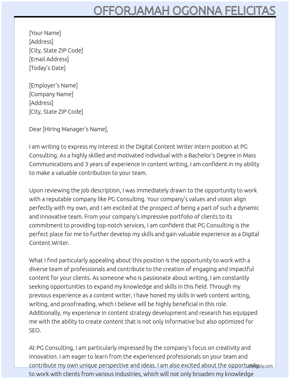 Digital Content Writer Intern At PG Consulting  Cover Letter