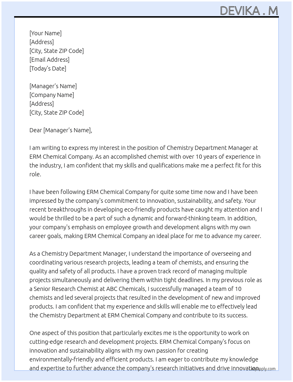 Chemistry department  At ERM  chemical company  Cover Letter