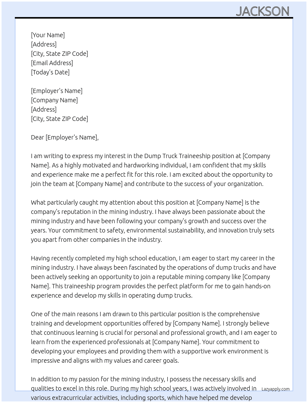 Dump truck traineeship At Mining  Cover Letter