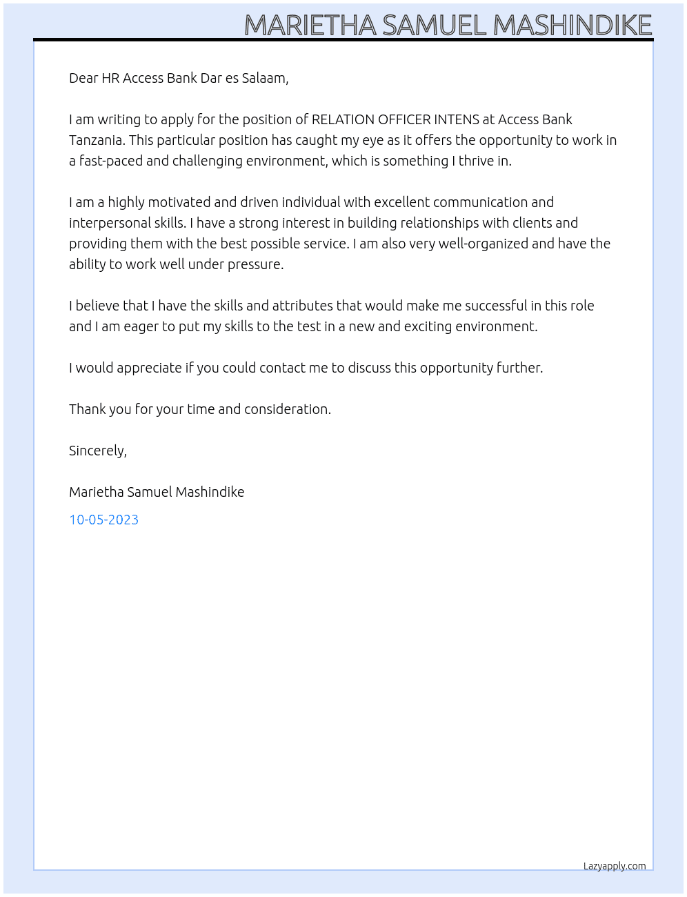 RELATION OFFICER INTENS At ACCESS BANK TANZANIA Cover Letter