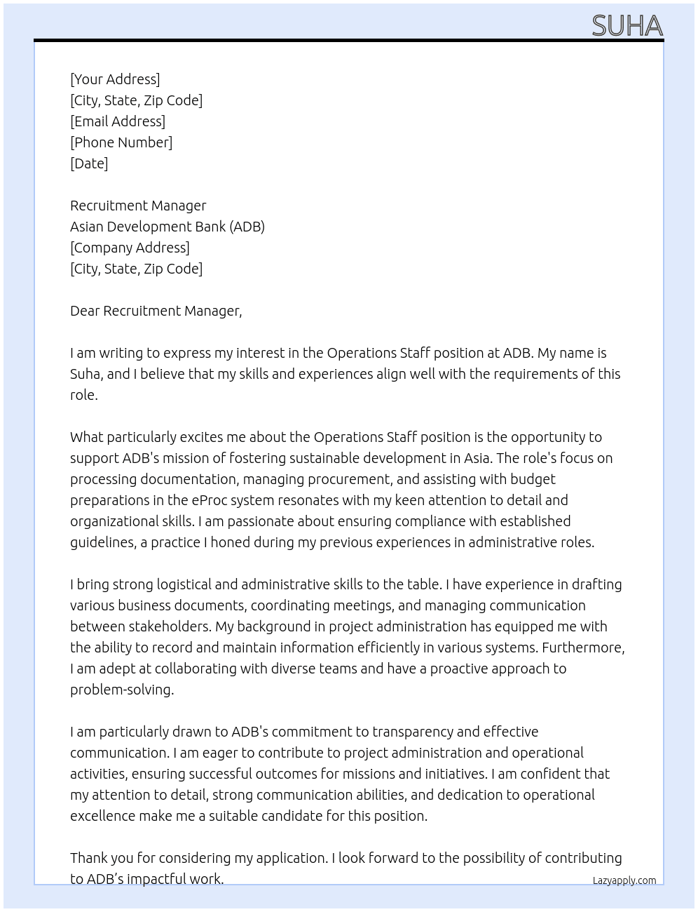 Operations staff At ADB Cover Letter