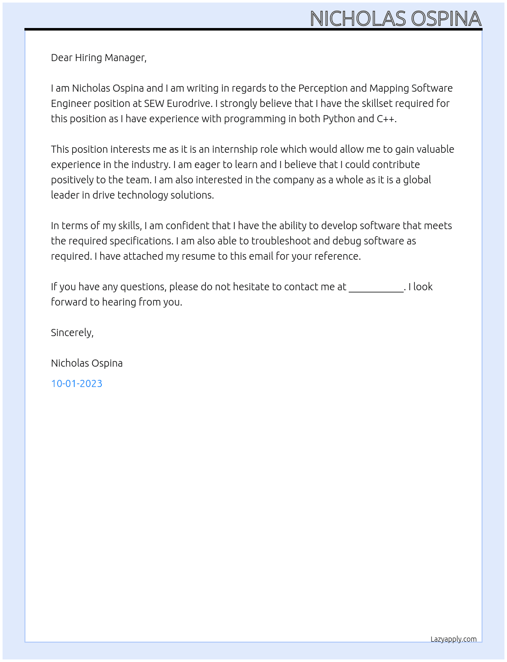 Perception and Mapping Software Engineer At SEW Eurodrive Cover Letter
