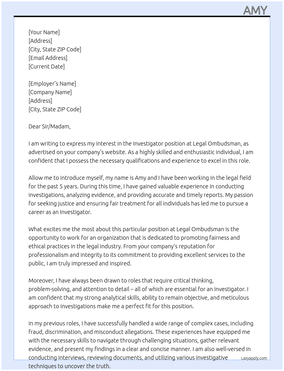 Investigator At Legal Ombudsman Cover Letter