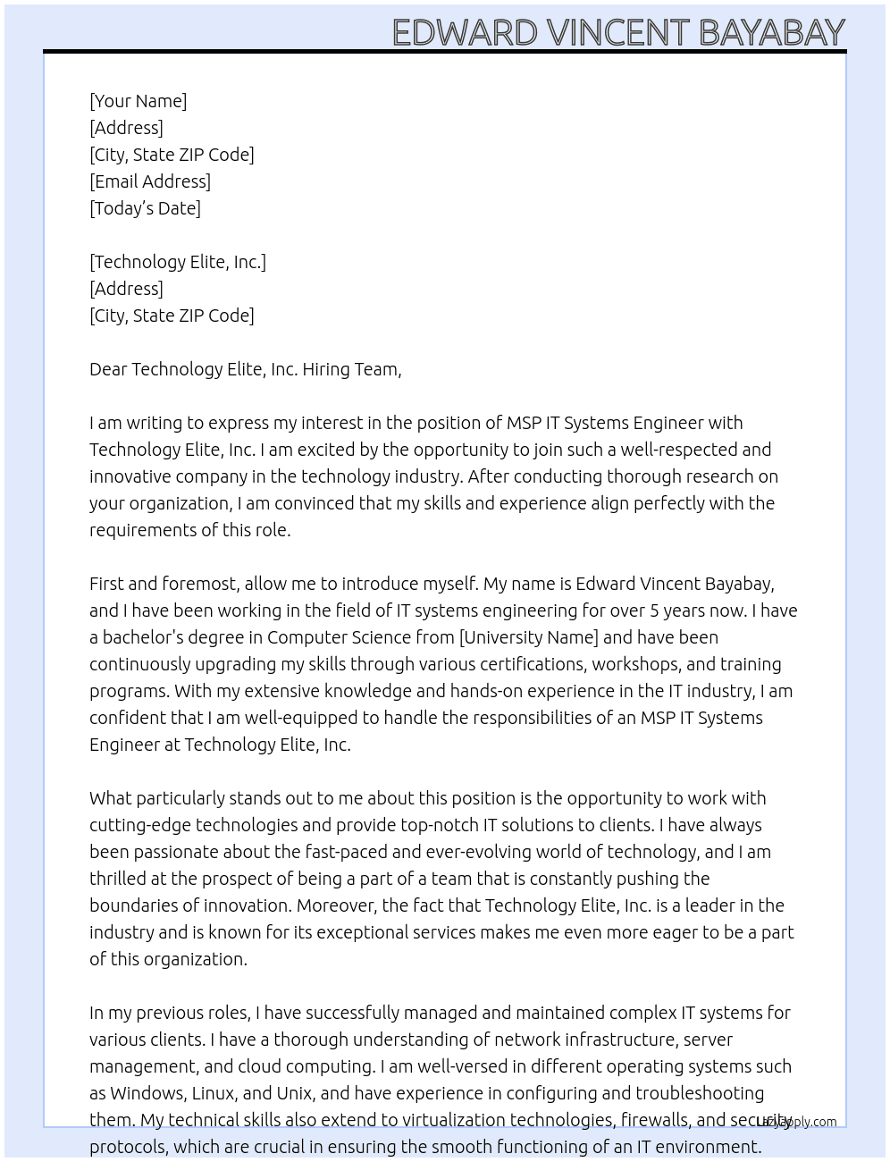 MSP IT Systems Engineer At Technology Elite, Inc. Cover Letter