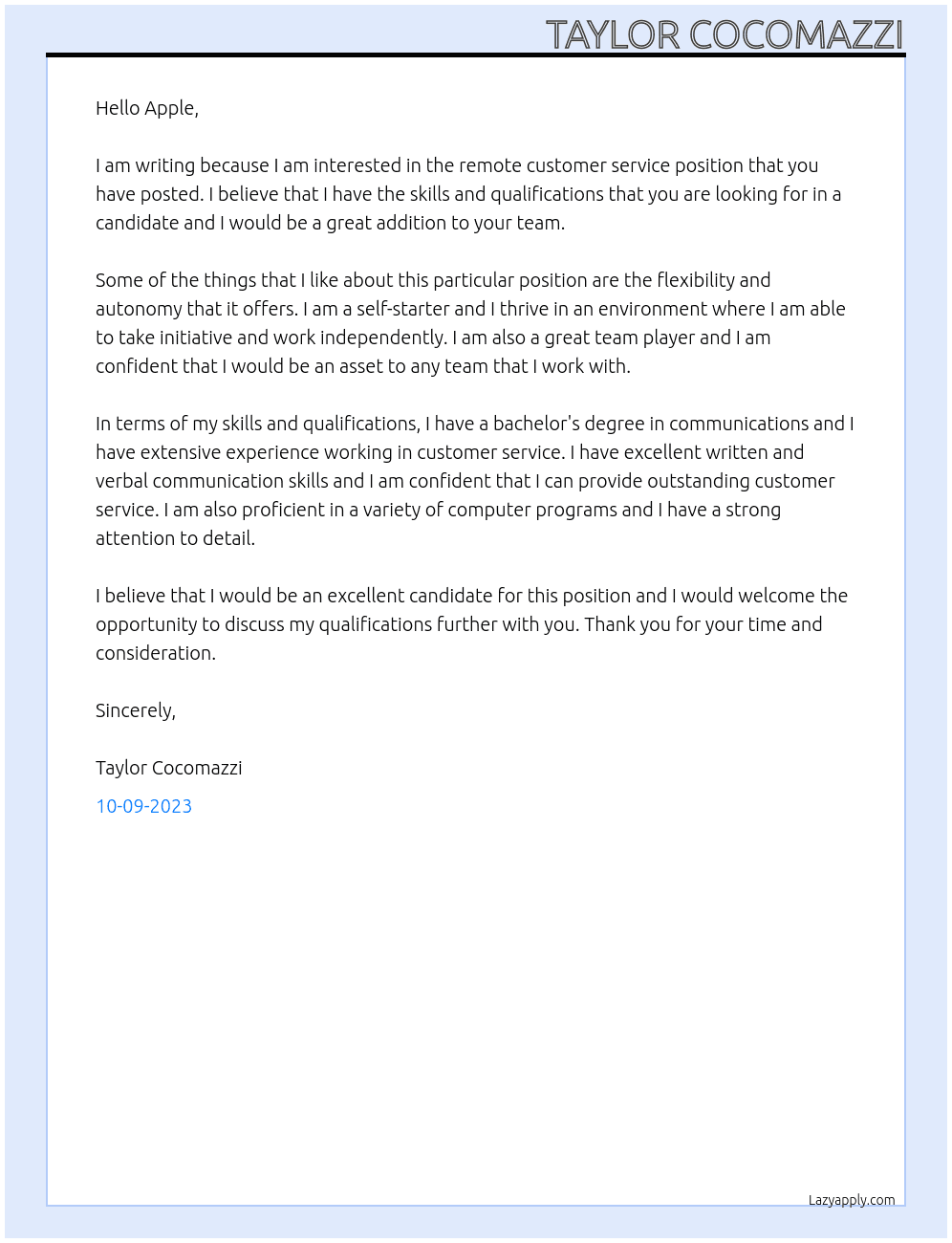 remote customer service At Apple Cover Letter