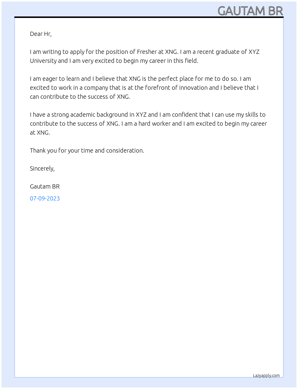 Fresher  At XNG Cover Letter