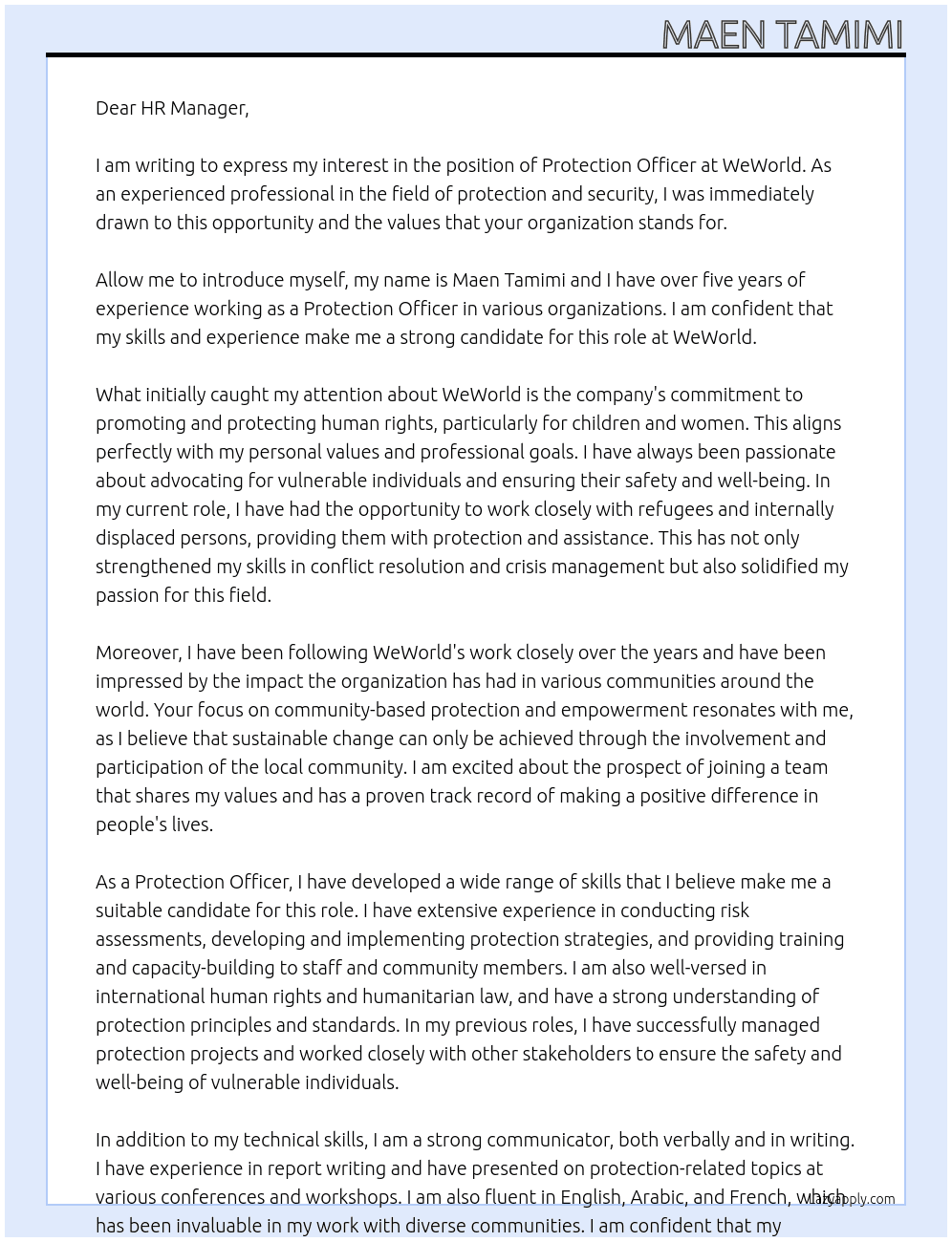  Protection Officer At WeWorld Cover Letter