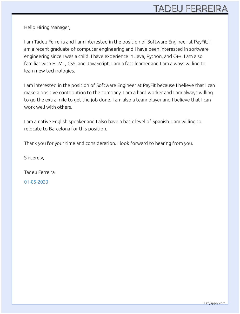 Software Engineer At PayFit Cover Letter