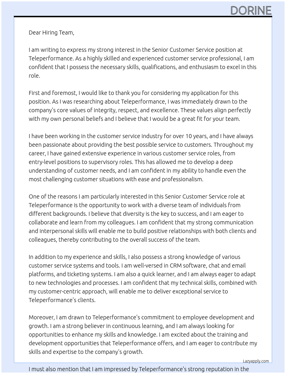 Senior Customer Service  At Teleperformance Cover Letter