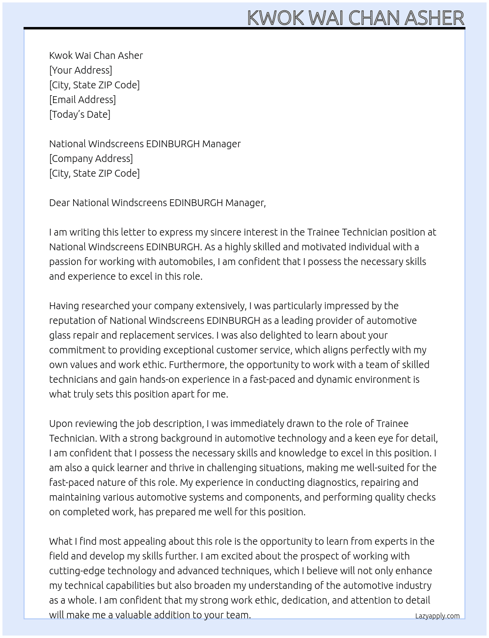 Trainee Technician At National Windscreens EDINBURGH Cover Letter