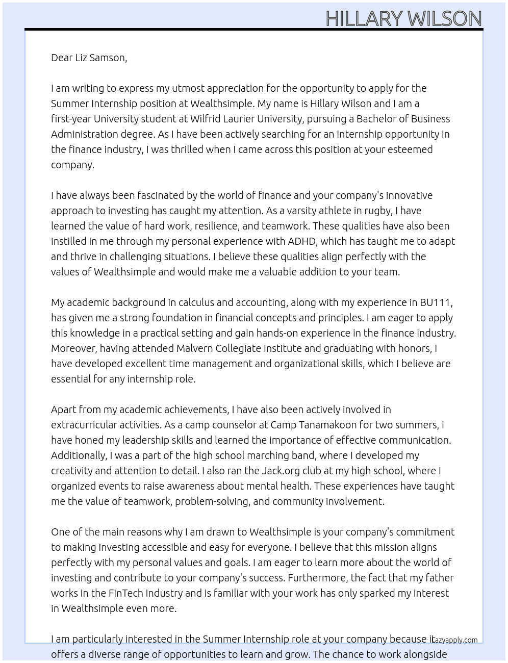 Summer Internship At Wealthsimple Cover Letter