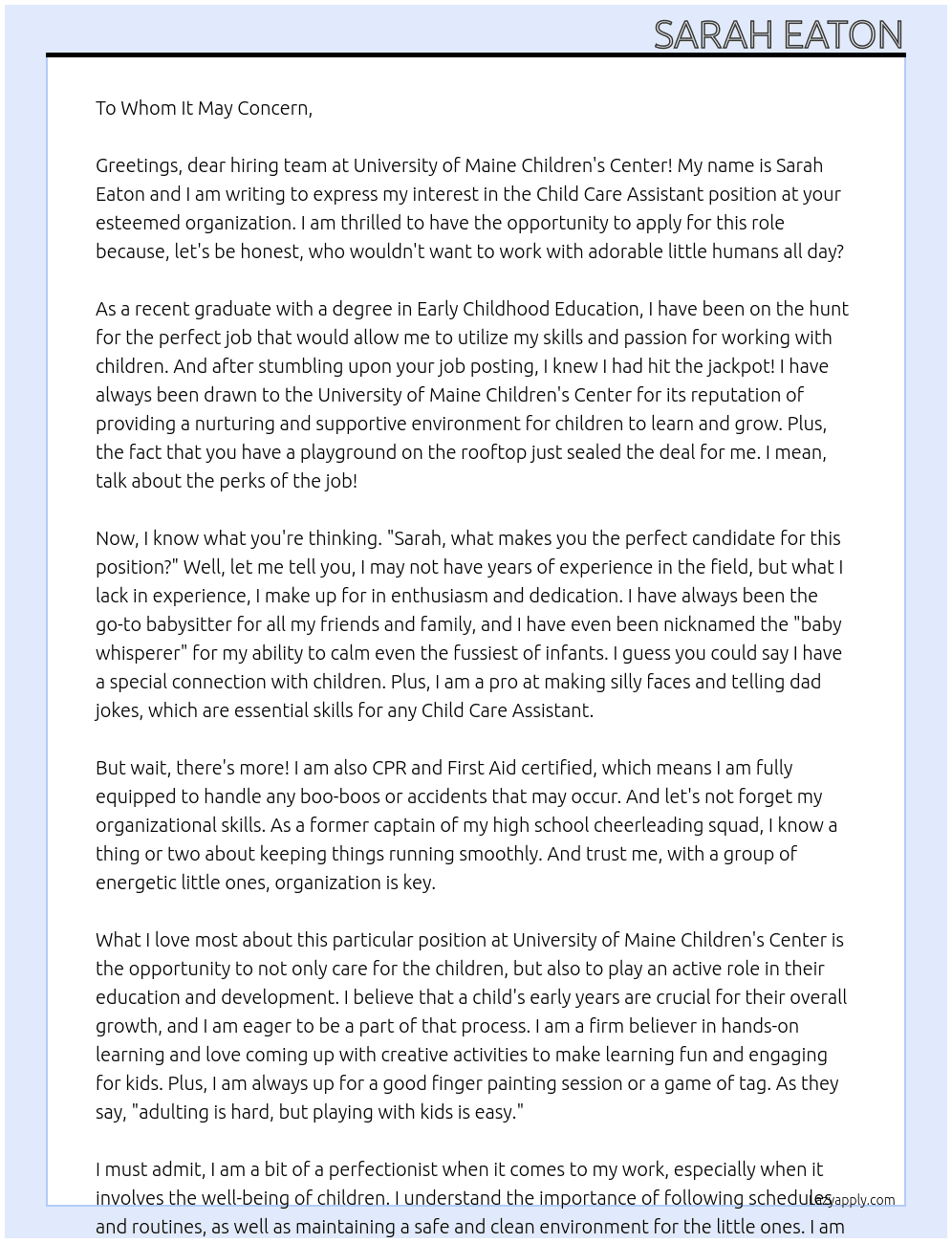 Child Care Assistant At University of Maine Children's Center Cover Letter