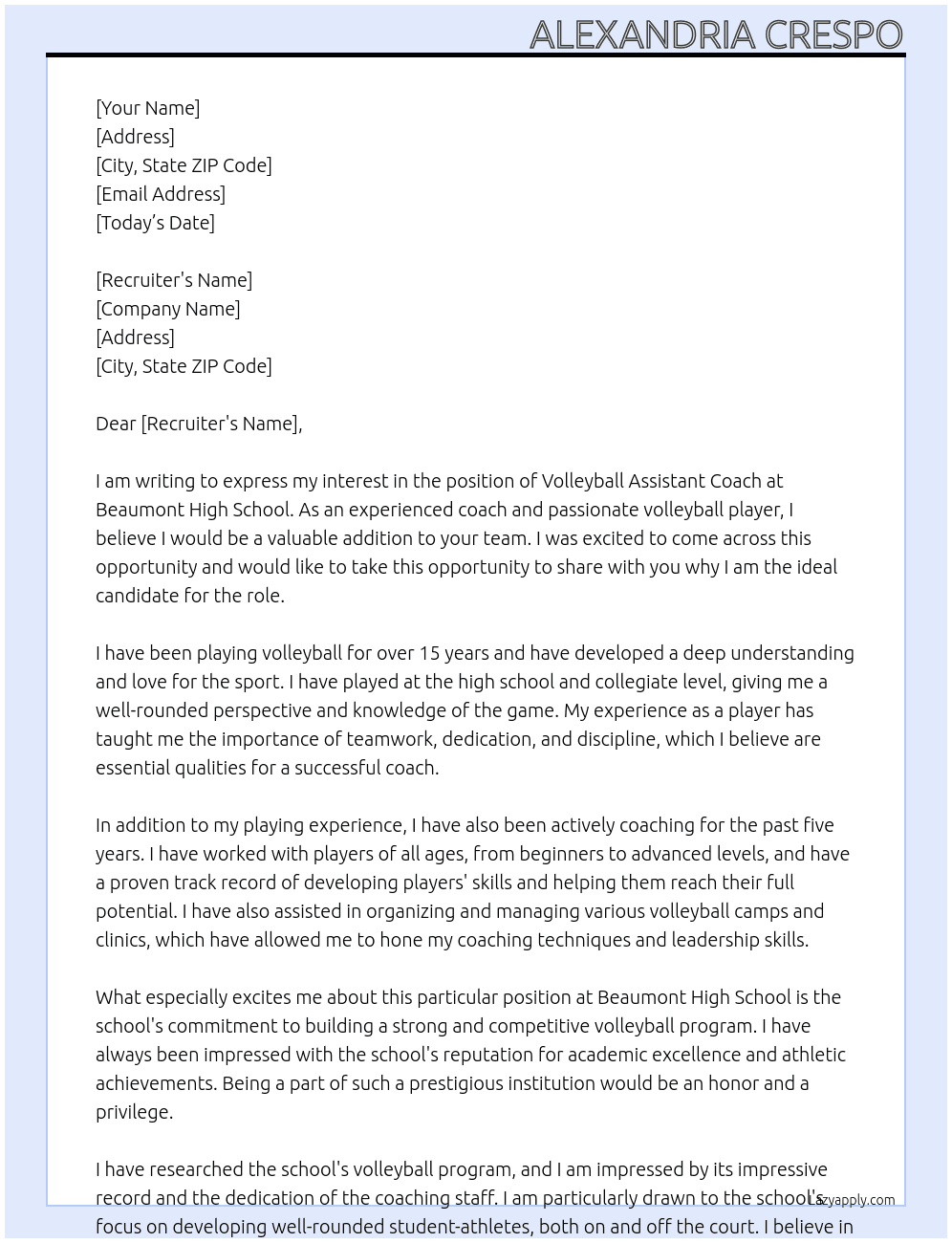 Volleyball Assistant Coach At Beaumont High School Cover Letter
