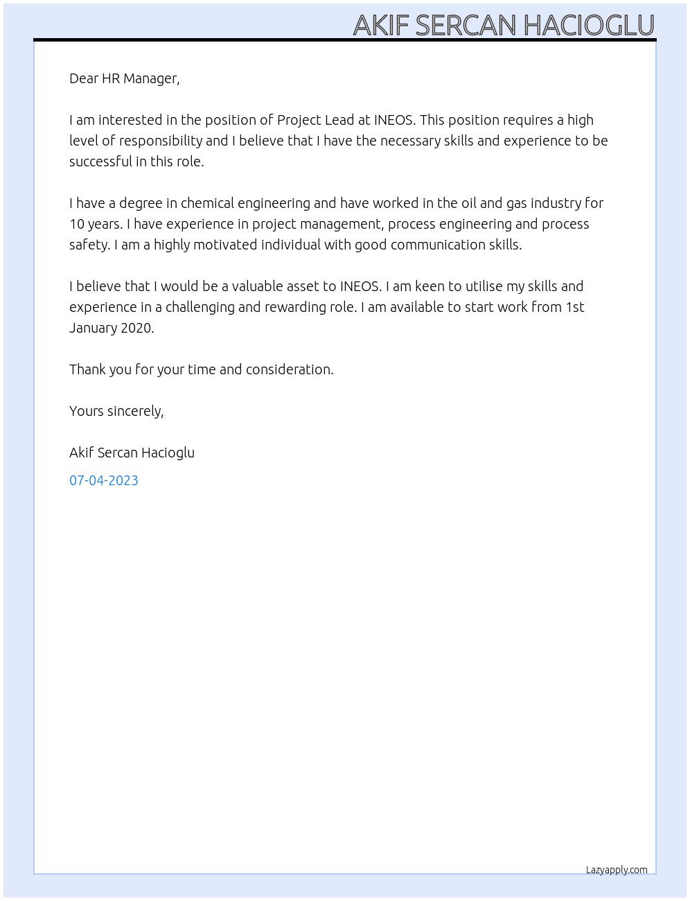 Project Lead At INEOS Cover Letter